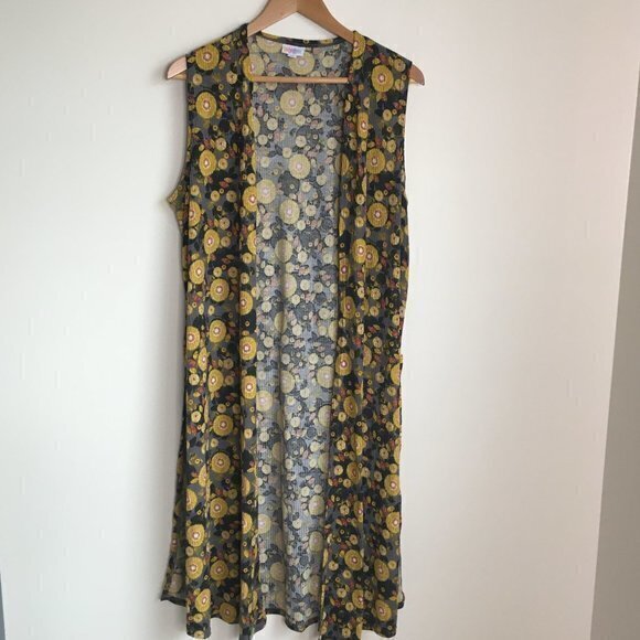 LuLaRoe Joy long vest‎ sleeveless duster side slits Yellow Black Womens Size L - Picture 1 of 6